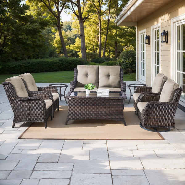 Patio Conversation Set Built for All-Weather Use, 8 Piece Wicker, Swivel Rocker Chairs, Fire Pit Table