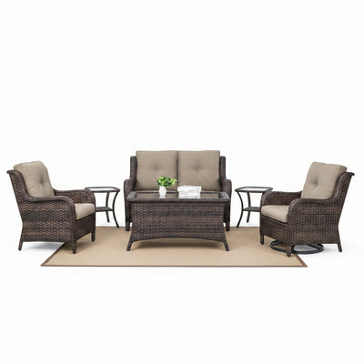 Patio Conversation Set Built for All-Weather Use, 8 Piece Wicker, Swivel Rocker Chairs, Fire Pit Table
