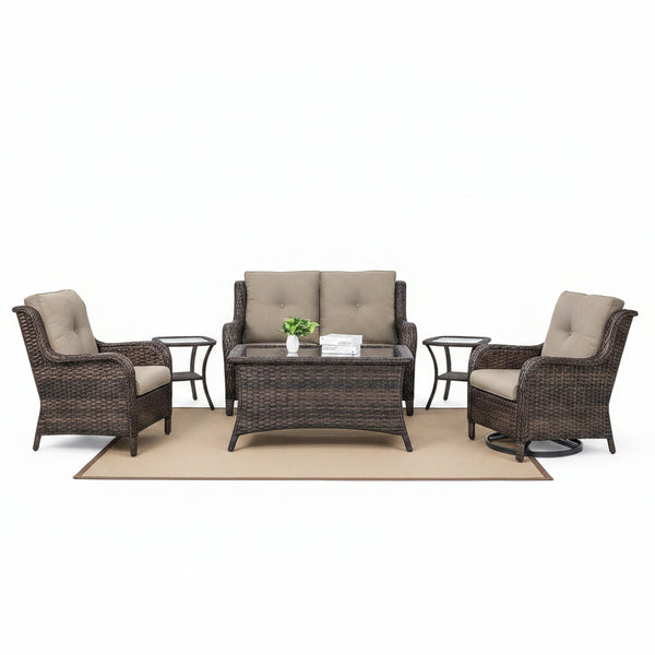 Patio Conversation Set Built for All-Weather Use, 8 Piece Wicker, Swivel Rocker Chairs, Fire Pit Table