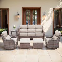 6 Pieces Outdoor Patio Furniture Set with Swivel Rocker Chairs and 6" Thick Cushions,Wicker Conversation Set with Sectional Sofa Coffee Table for Porch Deck Backyard Poolside