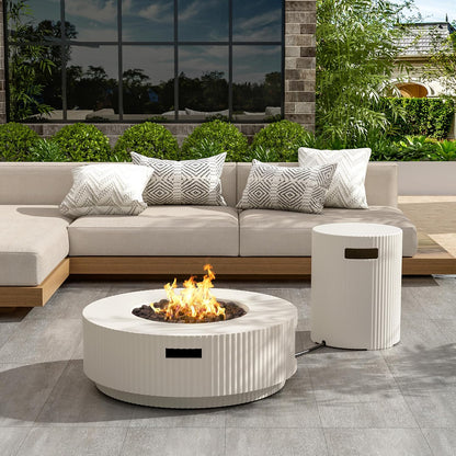 Hearth Lightweight Concrete Tank Table, Outdoor Fire Pit and Tank Holder Set, 40000BTU round Fire Pit, Concrete Propane Cover and Firepit, No Assembly Needed, White