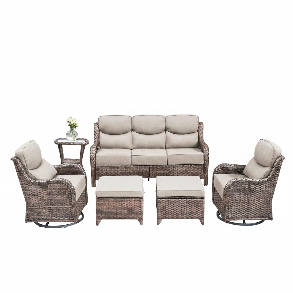 Patio Furniture Set Built for All-Weather Use, 6 Pieces, Swivel Rocker Chairs, PE Wicker, Steel Frame