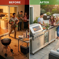 BBQ Island Outdoor Kitchen Kits, 4-Burner 72000 BTU Stainless Steel Modular 98 Inch Natural Gas Outdoor Kitchen Bar Barbecue Island Grill with Refrigerator and Sink for Patio Backyard — Before & After