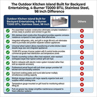 Outdoor Kitchen Island Built for Backyard Entertaining, 4-Burner 72000 BTU, Stainless Steel, 98 Inch — Comparison
