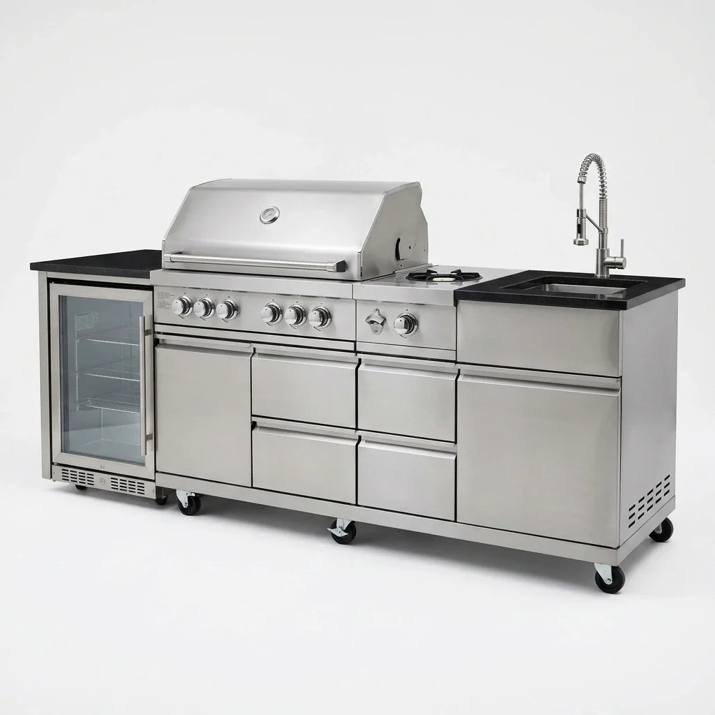 Outdoor Kitchen Island Built for Backyard Entertaining, 4-Burner 72000 BTU, Stainless Steel, 98 Inch — Studio Shot
