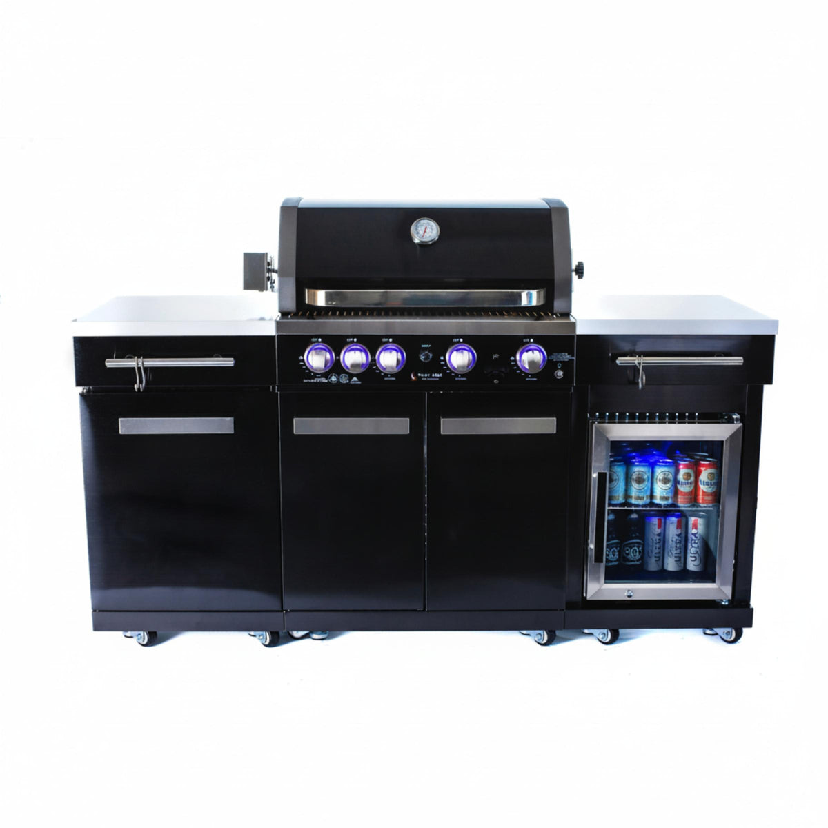 Outdoor Kitchen Island Built to Transform Patios, 70 Inch, 4-Burner Grill, Built-In Refrigerator, 63000 BTU